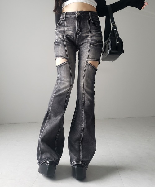 「me+em select」 ブーツカットデニムパンツ LARGE ブルー レディース_画像6