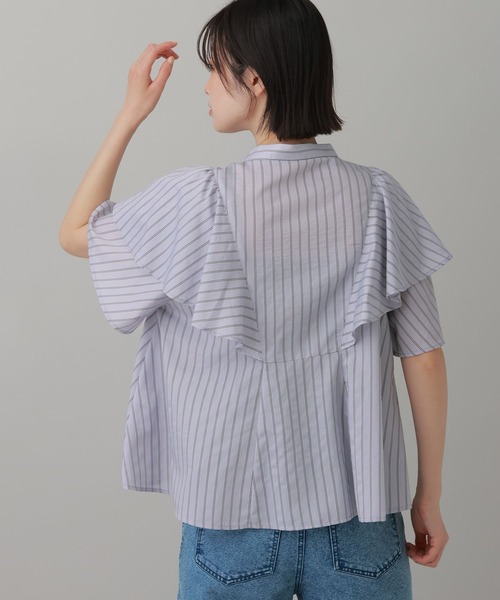 【新品タグ付】ギャルデコレクティブ ストライプ ブラウス 異素材 センソユニコ LAKOLE（ラコレ） ブラウス シャツ 半袖 「多機能素材」ラッフル