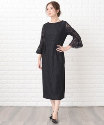 Lace Ladies ドレス 花柄総レースミモレ丈シンプルパーティ
