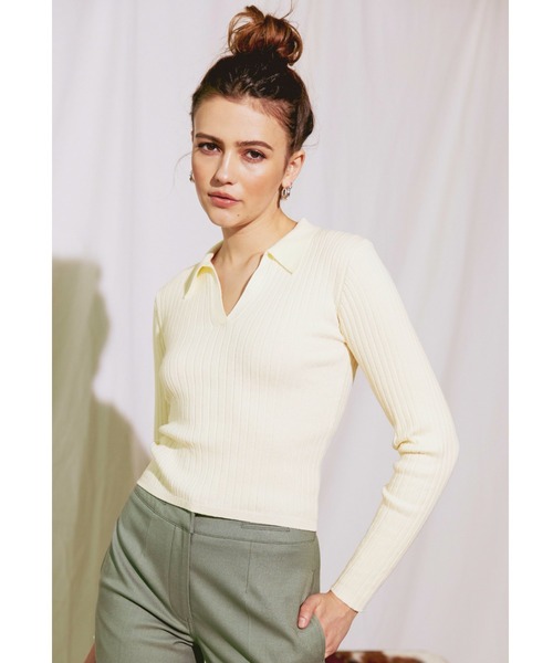 ALEXIA STAM（アリシアスタン） tシャツ Open Collar Rib Knit Top