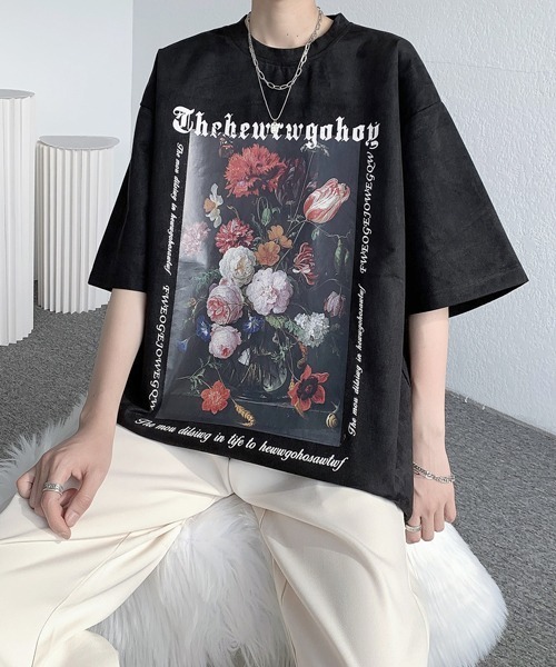 tシャツ フラワープリント ハーフスリーブトップス レディース セール】フラワープリント ハーフスリーブトップス（Tシャツ