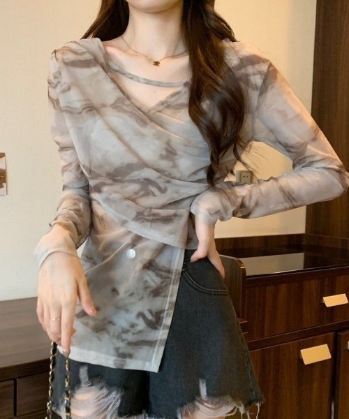 Achic tシャツ シアーアシンメトリートップス レディース