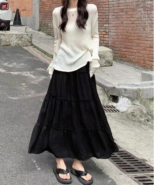 BLANC FICELLE スカート シフォン 切替 ロングスカート 裏地付き