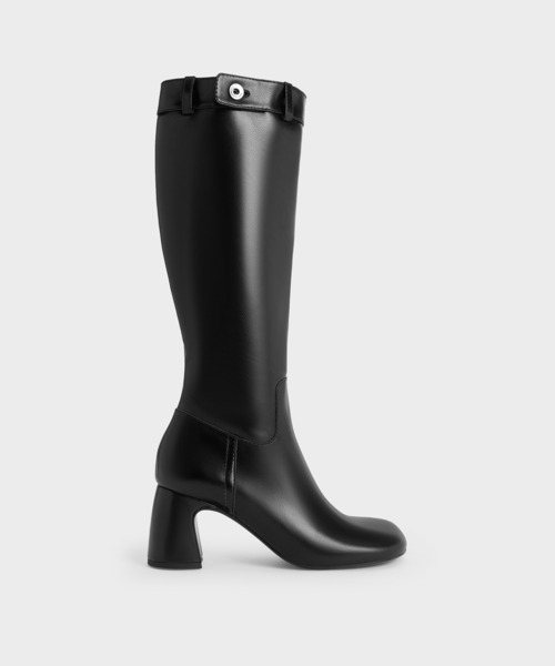 【CHARLES&KEITH】黒いハイヒールブーツ CHARLES & KEITH ブロックヒール ロングブーツ 【再入荷