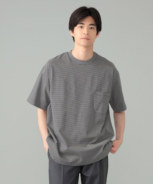 *A VONTADE ボーダー ポケットTシャツ L グレー×ネイビー A VONTADE tシャツ *A / ミニボーダー ポケットTシャツ メンズ