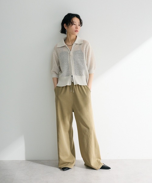 Green Parks カーディガン 襟付きメッシュ編みZIPカーディガン