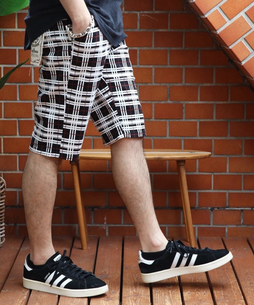 総柄 ショートパンツ ブラック ホワイト 8 ハーフパンツ パンツ 短パン 総柄カツラギチェックショートパンツ