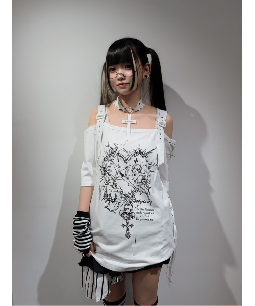 tシャツ A'GEM/9 × .kom 「AOSPACE」オフショルエンジェル半袖Tシャツ レディース
