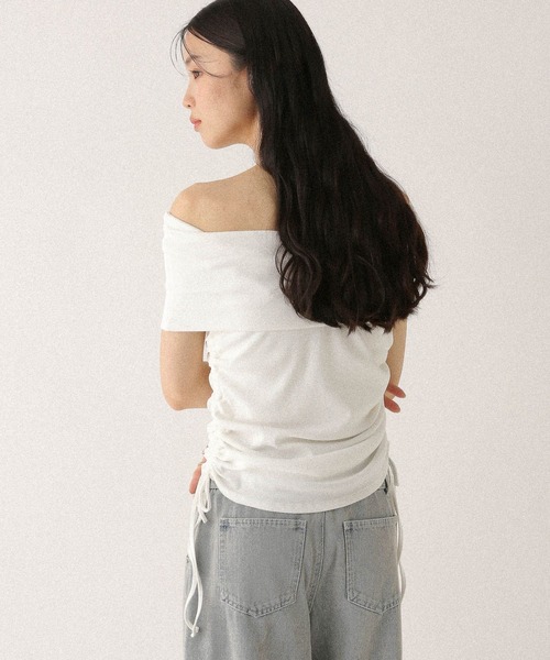 tシャツ サイドドロスド切替トップス レディース セール】サイドドロストリボン ハート柄トップス（Tシャツ