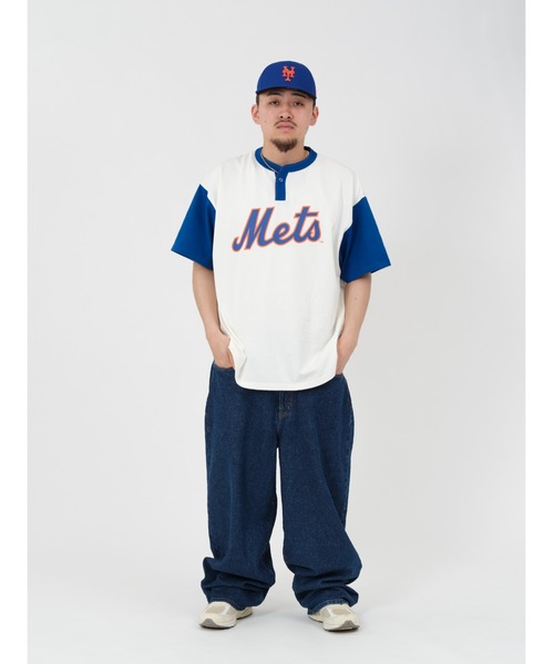 KEBOZ tシャツ × MLB NEW YORK METS ROUND HEM HENLEY NECK S/S