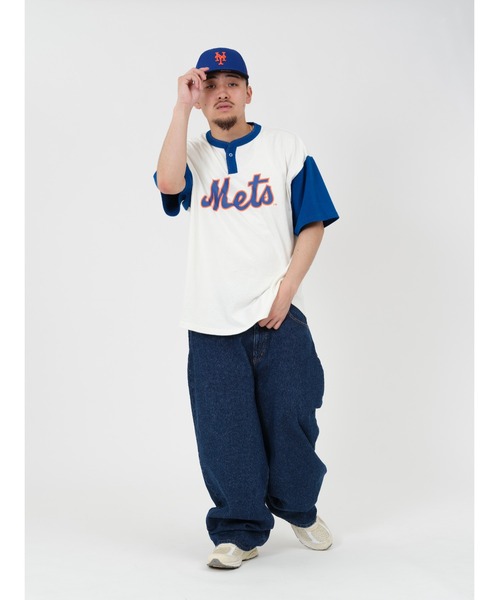 KEBOZ tシャツ × MLB NEW YORK METS ROUND HEM HENLEY NECK S/S