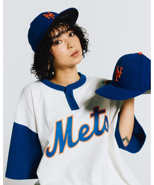 KEBOZ tシャツ × MLB NEW YORK METS ROUND HEM HENLEY NECK S/S