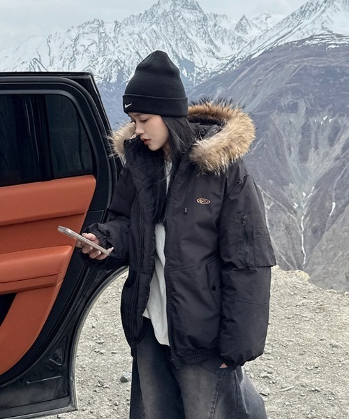 ダウンコート ダウンジャケット フェイクファーフード付き スタンド