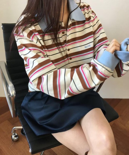 FLEX WITH ME ボーダー ポロシャツ 刺繍 Mサイズ　長袖 meJane（ミージェーン） ポロシャツ ポロ マルチボーダー 長袖