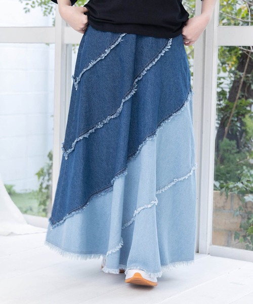 ScoLar（スカラー） デニムスカート 蝶刺繍or配色 スパイラル切替