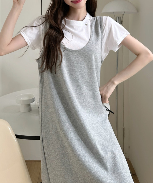 Ada. ワンピース 半袖 白トップス × Uネック ジャンパースカート
