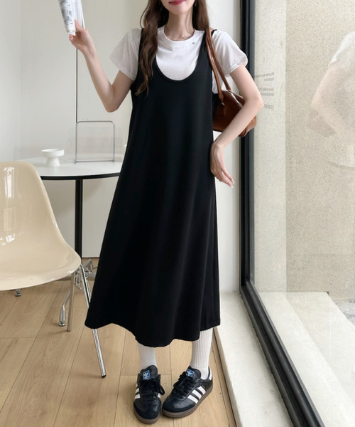 Ada. ワンピース 半袖 白トップス × Uネック ジャンパースカート