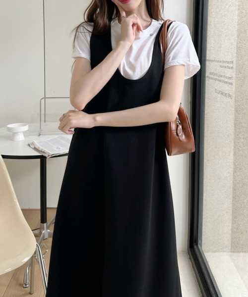 Ada. ワンピース 白トップス × Uネック ジャンパースカート セット