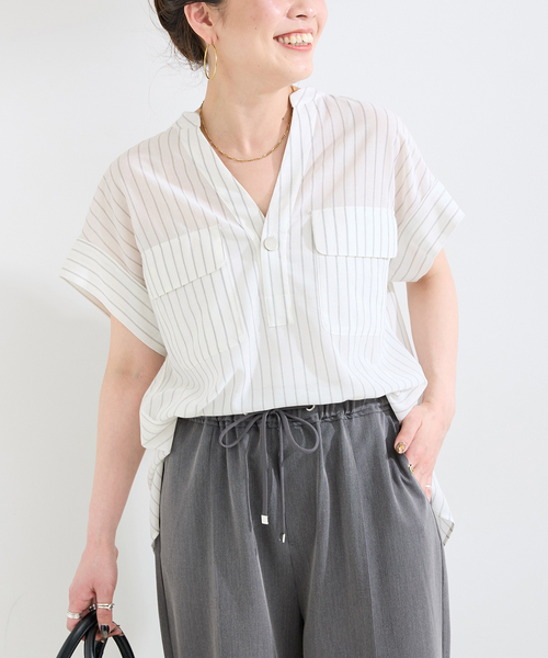 ブラウス シャツ 手洗い可 / スタンドスキッパーチュニックシャツ レディースの画像
