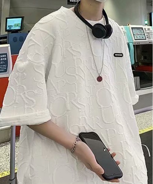 boohoo MAN★オーバーサイズ 半袖 ジャカード トップス Tシャツ セール】oversize sleeve line ringer T-shirt/オーバーサイズ