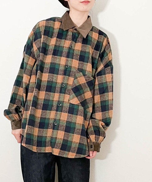 シャツ 襟コーデュロイ 袖ギャザーチェック柄ボリューム抜け衿シャツ