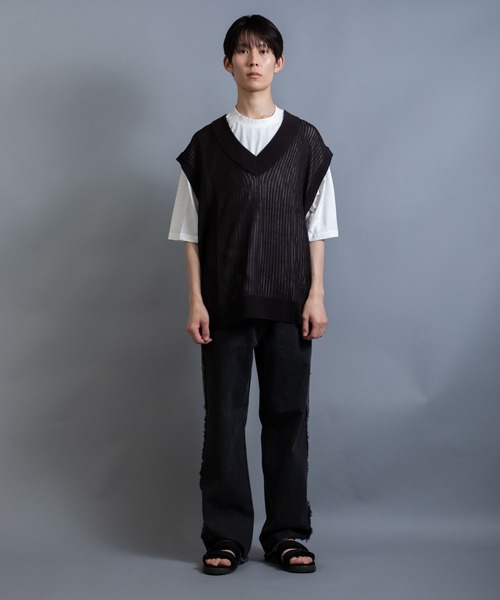 ベスト ジレ 透かし編みニットベスト × ビッグTEE レイヤード 2