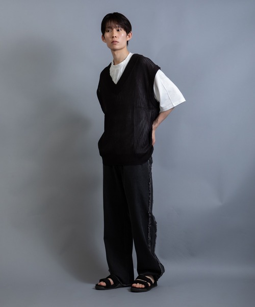 ベスト ジレ 透かし編みニットベスト × ビッグTEE レイヤード 2