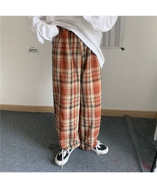 NO WAY パンツ チェックパターン/ルーズワイドレッグパンツ