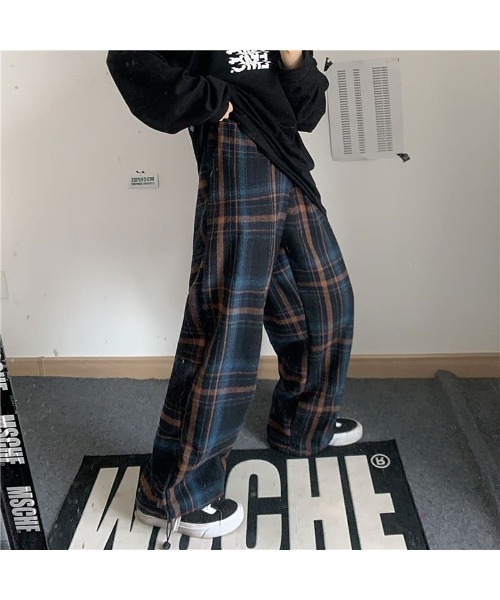 送料込/関税込■Norma Kamali■チェック柄ワイドレッグパンツ R4057 40/-ムラ糸コットンチェックパンツ(M グリーン): パンツ