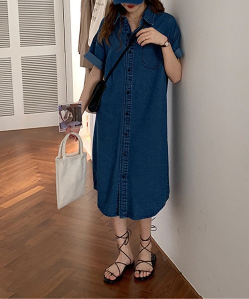 エーグル　AIGLE デニムシャツ　ワンピース　S デニムワンピース BLANC FICELLE シャツワンピース デニム シャツ襟 ワンピース