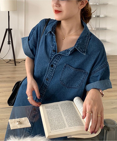 エーグル　AIGLE デニムシャツ　ワンピース　S デニムワンピース BLANC FICELLE シャツワンピース デニム シャツ襟 ワンピース