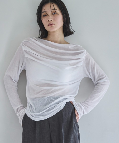 tシャツ サイドギャザーボートネックTee レディース feepur tシャツ ギャザーボートネックシアーロンTee レディース