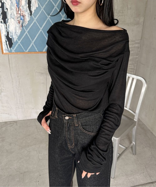 feepur tシャツ ギャザーボートネックシアーロンTee レディース
