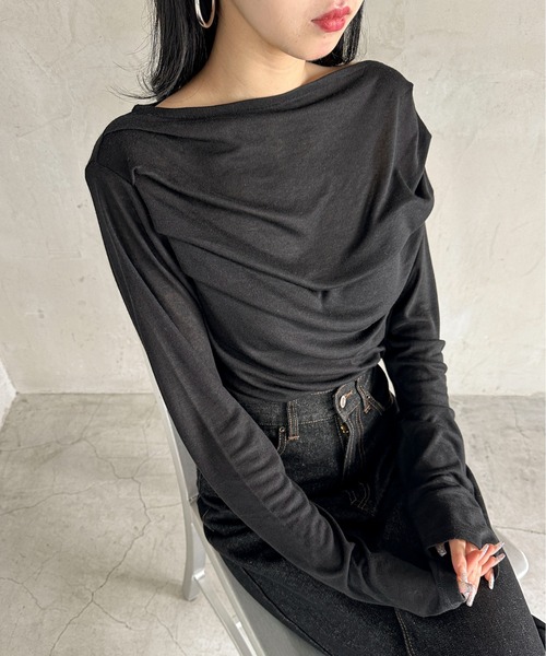 tシャツ サイドギャザーボートネックTee レディース feepur tシャツ ギャザーボートネックシアーロンTee レディース