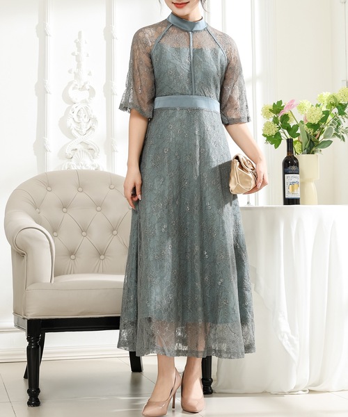 総レース.セレモニーセットワンピース.グレージュ⭐︎おまけ付き⭐︎ Lace Ladies（レースレディース） ドレス プチハイネック 総レース 7分
