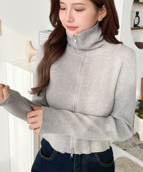 moment+ ニット セーター Wジップタートルショート丈リブニット