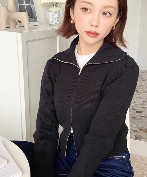moment+ ニット セーター Wジップタートルショート丈リブニット