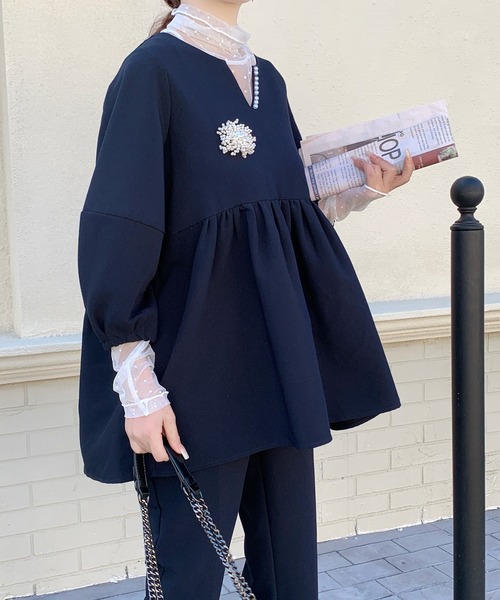 スラックス パンツ パールキーネックランタンスリーブセットアップ