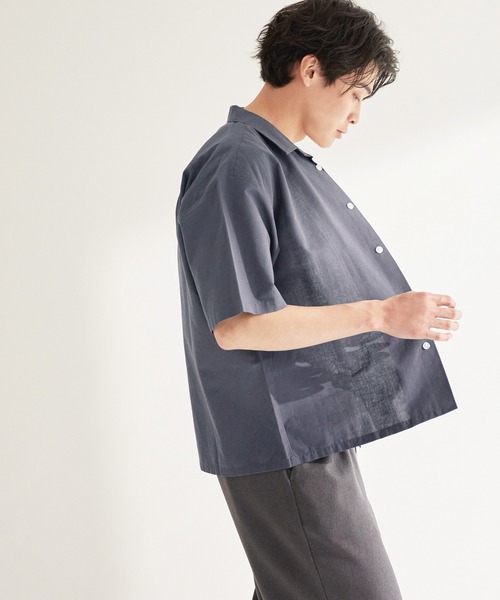 エムエイチエル✨半袖シャツ バンドカラー リネンブレンド レッド系 サイズⅢ バンドカラーシャツ／半袖／ウォッシャブル／コットンリネン