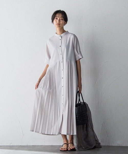 MAYSON GREY ワンピース 5分袖サイドプリーツシャツワンピース「手洗い