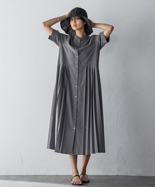 MAYSON GREY ワンピース 5分袖サイドプリーツシャツワンピース