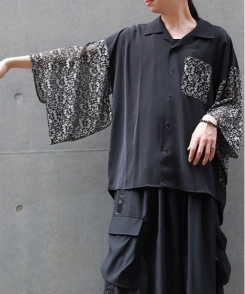 Roen サイズ46　黒　胸元ピンタック　　ミリタリー風　長袖ドレスシャツ 楽天市場】BLACK VARIA ブラックバリア blackvaria サテンシャツ