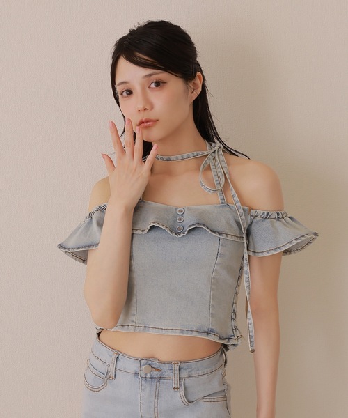 *M DOLLY original* choker frill denim blouse/チョーカーフリルデニムブラウス レディース
