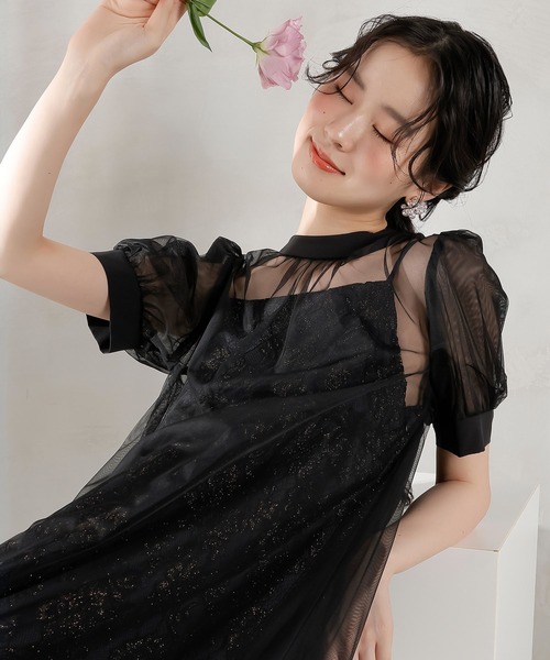 Kana ドレス チュールバックデザインリボンワンピ ラメレースキャミ