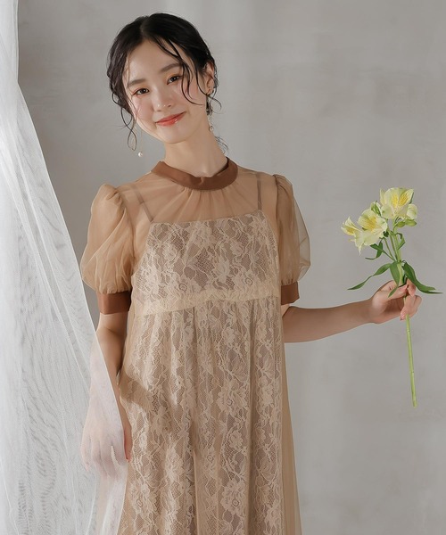 Kana ドレス チュールバックデザインリボンワンピ ラメレースキャミ