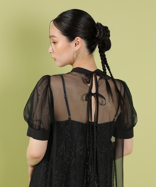 Kana ドレス チュールバックデザインリボンワンピ ラメレースキャミ