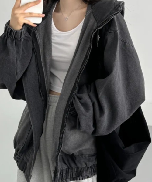 デニムオーバーサイズフードパーカー グレー Diosfront パーカー オーバーサイズデニムパーカー レディース