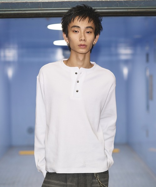 tシャツ コットンサーマルロングスリーブヘンリーネックTシャツ