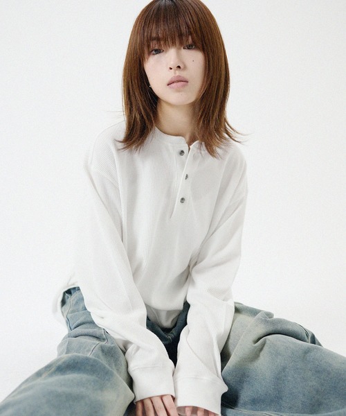 ヘンリーネック tシャツ シルバーボタンヘンリーネックサーマル