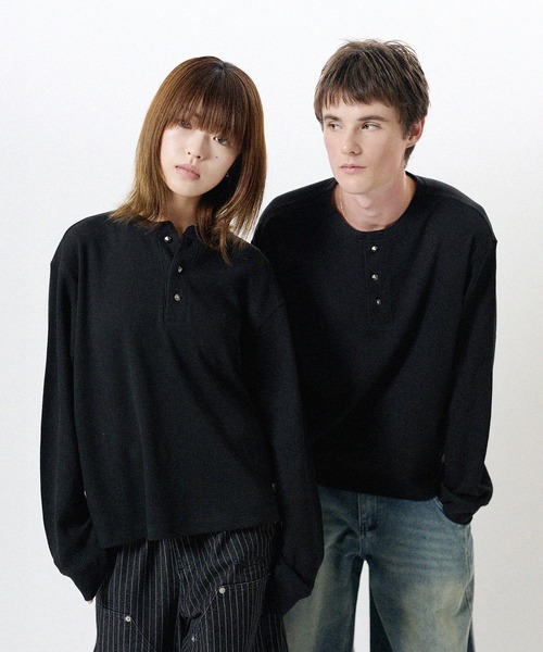 ヘンリーネック tシャツ シルバーボタンヘンリーネックサーマル